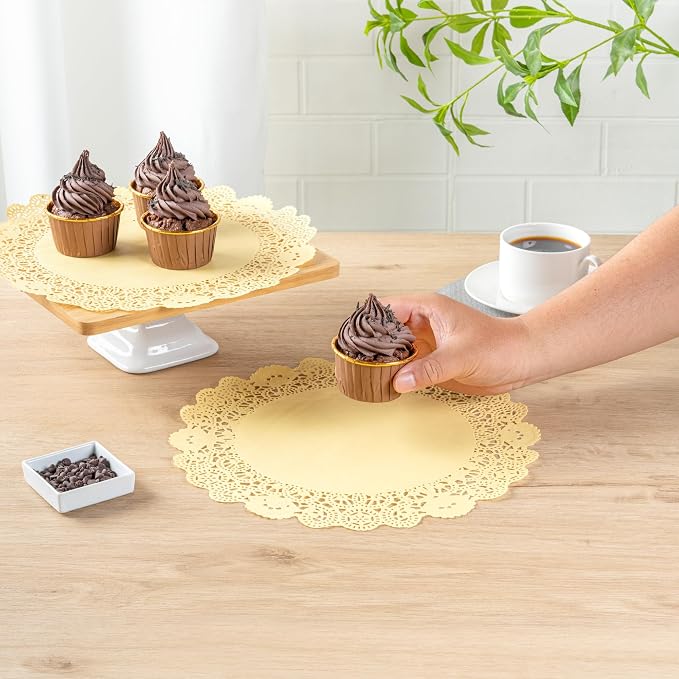 Restaurantware-Pastry Tek 12 x 12 Inch Paper Lace Doilies, 4000 Disposable Table Doilies - Elegant Lace Finish, Long Lasting, Yellow Paper Placemat, for Pastries, Cupcakes, Desserts