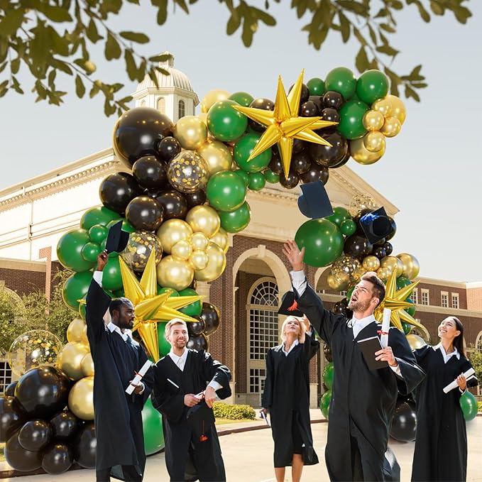 Bonropin 161pcs Green and Gold Black Balloon Arch Kit with Explosion Star Balloons, 5/10/12/18in Emerald Forest Dark Green Black Metallic Gold Balloons for Birthday Graduation Wedding Party Decoration