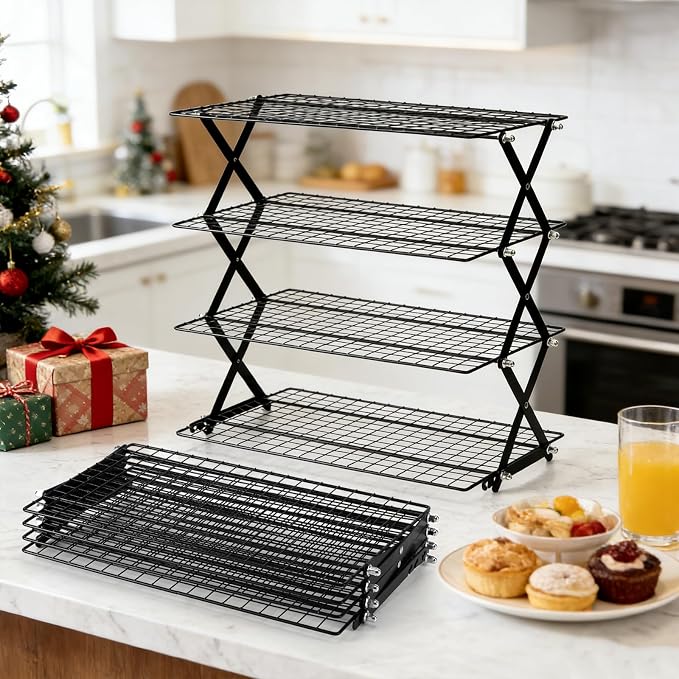 4 Tier Collapsible Cooling Rack - 3 Setting Design, Adjustable Stackable Wire Cooling Racks for Baking, Outdoor Camping Picnic Shelf, Wire Cooling Rack for Baking, Cookies, Cake, BBQ, Drying Rack
