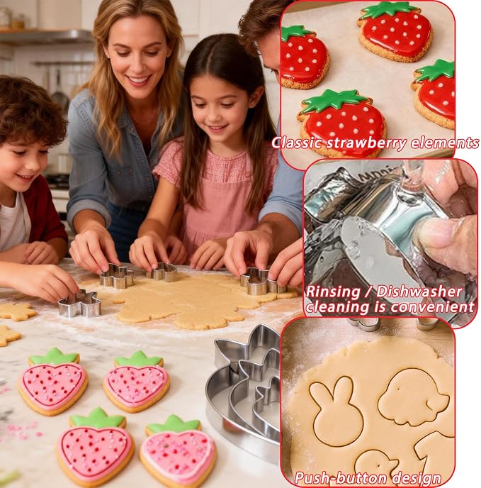 3 Piece Strawberry Cookie Cutter Set Stainless Steel Strawberry Shaped Cutters for Baking Cookies Fondant Dough Dishwasher Safe with Sizes 3.5 2.5 1.5 Inch
