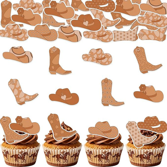 36PCS Edible Cowboy Cupcake Toppers Wafer Paper Brown Horse Boots Hat Cupcake Picks Edible Rodeo Cake Decorations for Western Horse Racing Theme Birthday Baby Shower Party Supplies