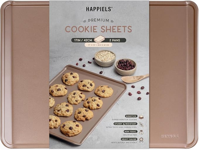 HAPPIELS 13x17in Nonstick Rimless Cookie Sheet 2-Pack, PFOA & BPA Free | PFOA free Cookie Sheet Set without rim, Half Sheet Pan for Oven Baking without lip