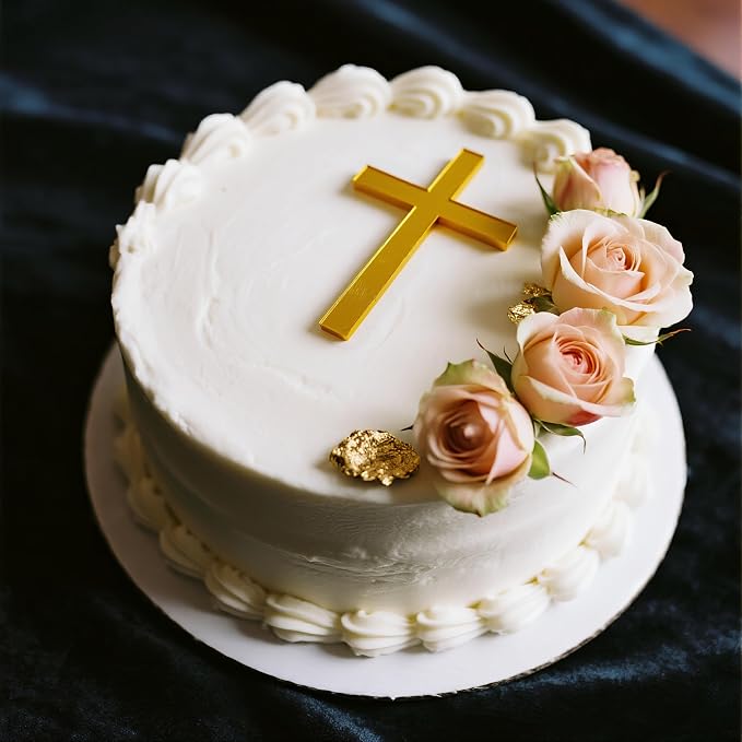 Gold Cross Cake Topper for Baptism, First Communion & Christening - Acrylic Mirror Decor - 3.94 Inch Holy Cross for Baby Shower, Wedding Cakes