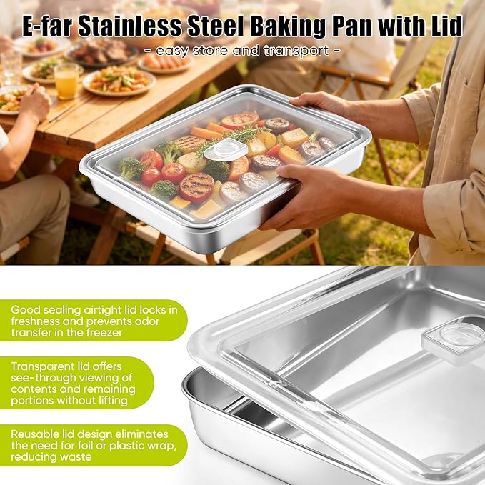 E-far Lasagna Pan with Lid, Stainless Steel Rectangular Cake Baking Pan with Cover, 12⅓x9¾x2 Inch Metal Bakeware Brownie Casserole Oven Tray Sheet, Deep Side & Heavy Duty, Anti-Rust & Dishwasher Safe