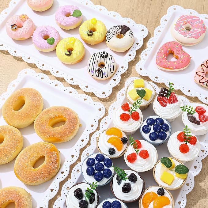 Frigg 4 Pack Serving Trays for Party with Lace Rim,Rectangle Food Trays, Reusable White Plastic Serving Platters Food Display for Birthday Party, Wedding, Restaurant, 14.45" x 9.33"