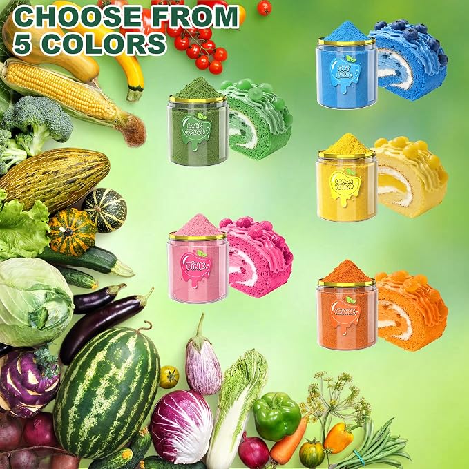 Natural Food Coloring Powder - 50g Plant Based Pastel Food Coloring, Blue, Pink, Green, Orange & Yellow Natural Food Dye Powders for Baking Cake, Icing, Frosting No Artificial Vegan (5 Packets)