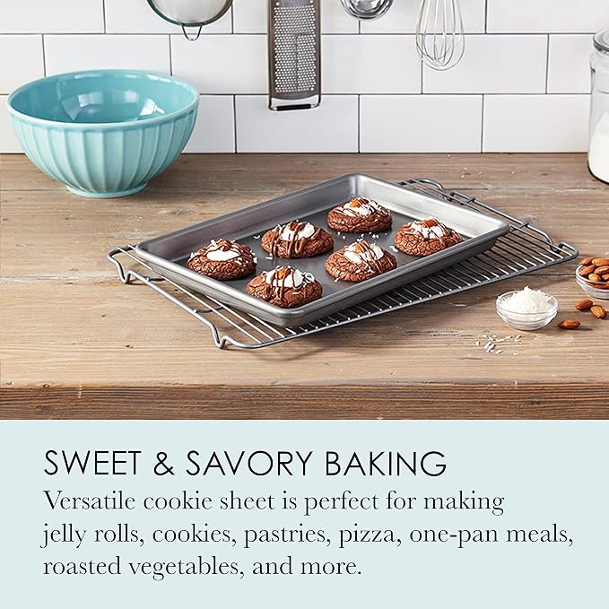 Chicago Metallic Commercial II Non-Stick Small Cookie/Baking Sheet. Perfect for making jelly rolls, cookies, pastries, one-pan meals, and more,12.25 by 8.75, Gray