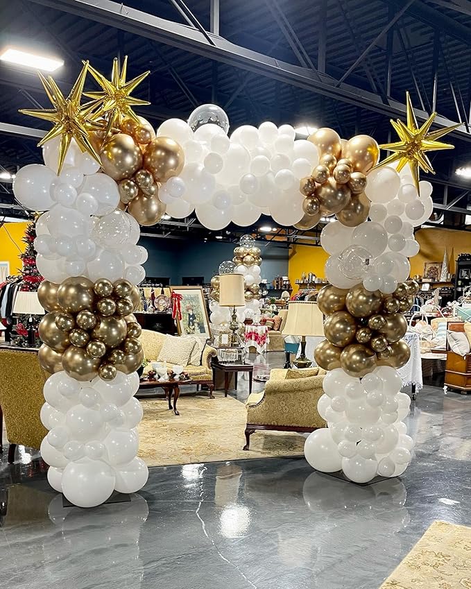 White and Gold Balloon Arch Kit, 146Pcs Explosion Star White Metallic Gold Latex Balloon Garland kit, 22 18 12 10 5 Inch Different Size Balloons for Anniversary Birthday Engagements Party Decorations
