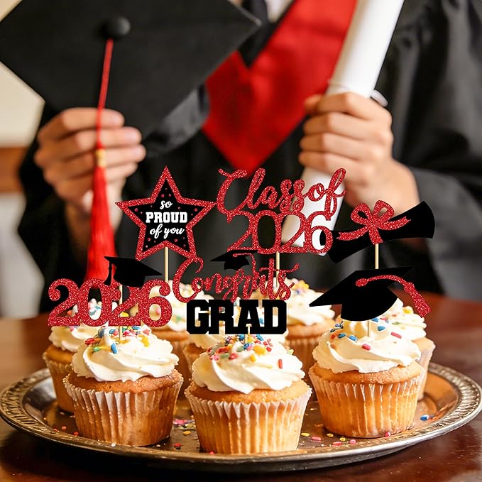 48 PCS Graduation Cupcake Toppers, Glittery 6 Styles Congrats Grad Cake Topper, Black and Red Graduation Decorations 2026, Cap and Diploma Cake Picks for Grad Party Supplies