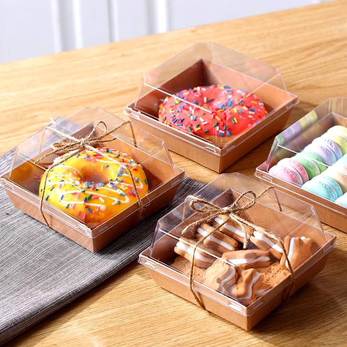 Jetec 300 Pack Charcuterie Boxes with Clear Lids and Rope 4 Inches Cake Disposable Square Dessert Food Box Containers with Lids for Bakery Macaron Cookies Strawberries Fruits Display (Kraft)