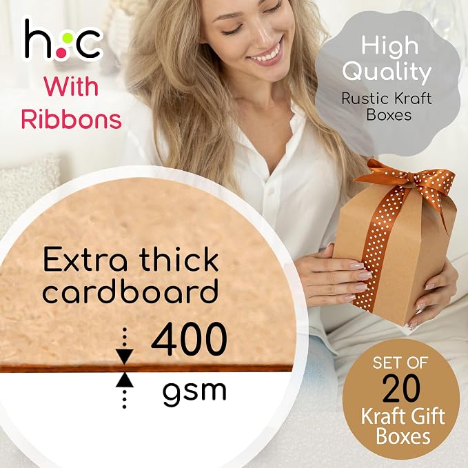 Brown Kraft Cookie Boxes with Lids & Ribbons (20 Pack) 6x5x5 Tall Square Gift Boxes for Mugs, Small Presents, Candles, Baked Goods, Candy, Fudge, Christmas, Decorative Food Packaging, Bulk, Empty