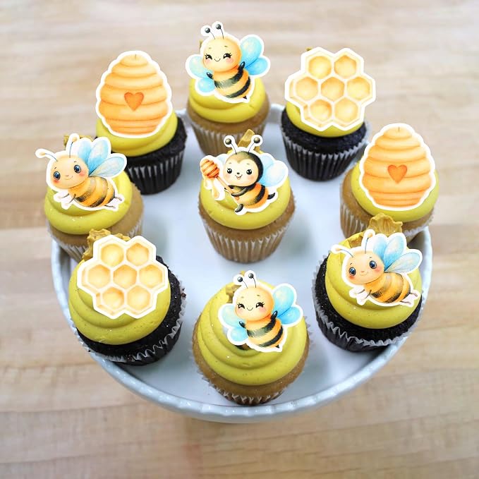 60 PCS Edible Bumble Bee Cupcake Toppers Waper Paper Honey Bee Cupcake Picks Edible Oh Babee Cupcake Decorations for Bee Theme Baby Shower Boys Girls Birthday Party Cake Food Decorations Supplies