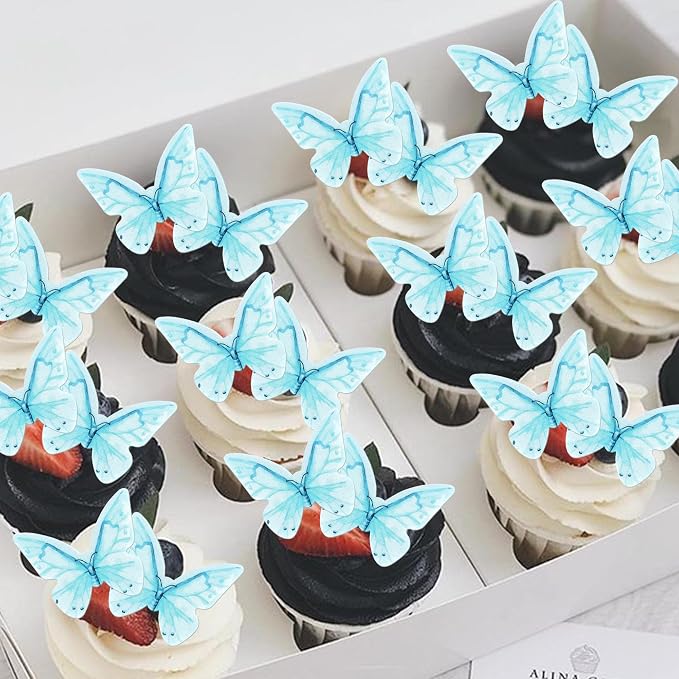 48 PCS Edible Butterfly Cupcake Toppers - Wafer Paper Butterflies & Cupcake Picks for Butterfly Theme Baby Shower, Wedding, Birthday Party - Blue