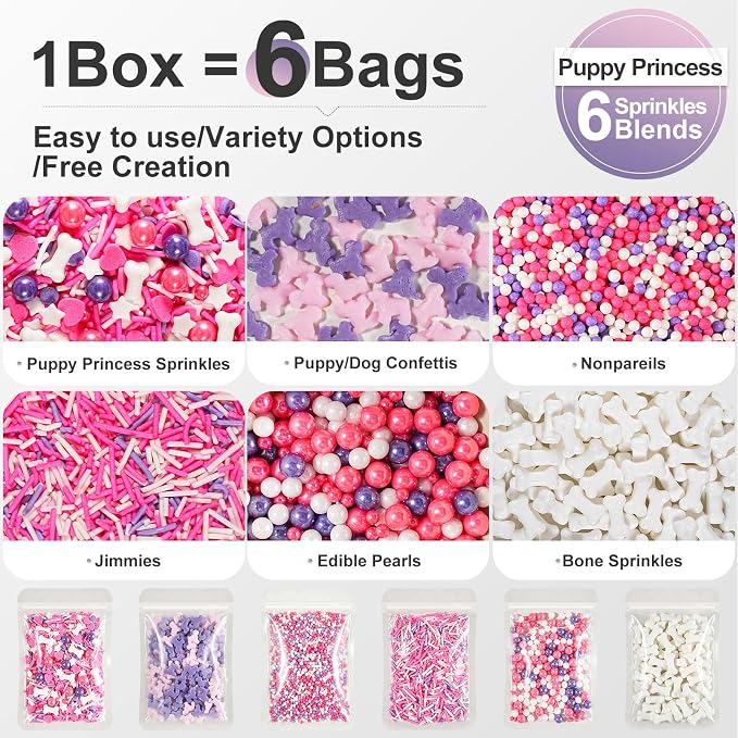 HUEBEATY Puppy Dog Sprinkles with Bone, Pink Purple Cake Sprinkles, 180g | Bone Sprinkles, Puppy Confetti, Pink Purple Princess Sprinkles for Dog Paw Theme Cakes, Girls Birthday Desserts & Cupcakes