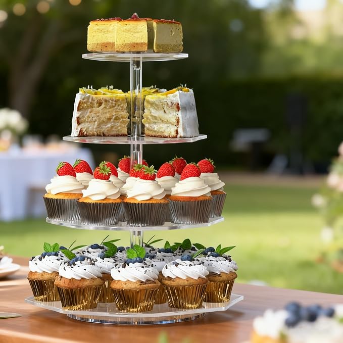 4-Tier Rotating Cupcake Stand, Clear Acrylic 360° Spinning Dessert Display Tower for Cakes & Pastries, Serving Stand for Weddings, Birthdays, Parties-Polygon