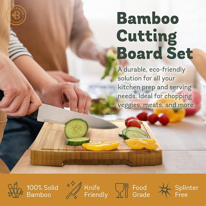 Bread Slicer and Cutting Board Set - Bamboo Bread Slicer with Crumb Tray & Adjustable Width + 4-Piece Bamboo Cutting Board Set for Kitchen