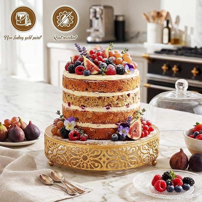 Wenqik 12 Inch Cake Stand Round Metal Cupcake Dessert Wedding Cake Stand Cookies Display Holder Fruit Food Serving Tray for Table Wedding Birthday Anniversary Party Decor (Gold)