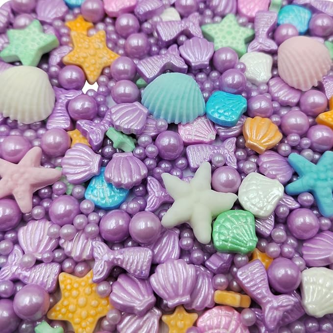 Homankit Mermaid Sprinkle Sweets Sprinkles for Baking Dessert Cupcake Cake Topper Starfish Shell Pearl Mermaid Candy Mix 3.53 Ounces Purple