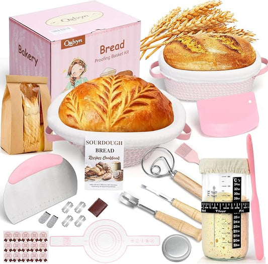 Sourdough Starter Kit with 2 Proofing Baskets (Oval & Round) & Sourdough Starter Jar, Complete Sourdough Bread Baking Supplies for Artisan Bread Ideal Gift for Women Mom Wife Bakers