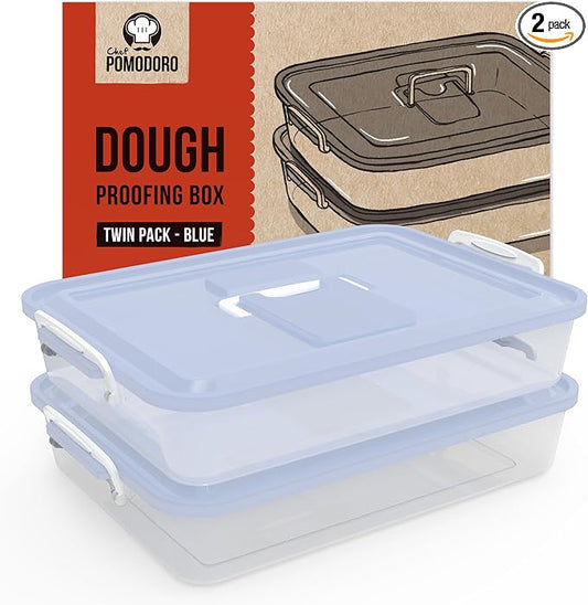Chef Pomodoro Pizza Dough Proofing Box, 14 x 11-Inch, Preparation Container with Lid, Fits 4-6 Proofing Balls, Household Pizza and Bread Dough Tray With Convenient Carry Handle (Blue, 2-Pack)