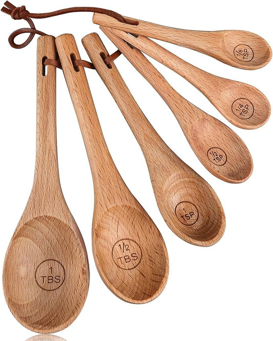 6pcs Measuring Spoons, Natural Beechwood Measuring Spoons Set Includes 1 tbsp, 1/2 tbsp, 1 tsp, 1/2 tsp, 1/4 tsp & 1/8 tsp for Cooking Baking, Rustic Teaspoon Tablespoon for Dry Ingredients