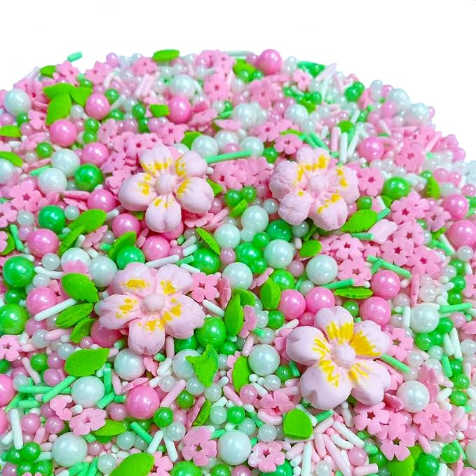 Sentovac Pink Flowers Sprinkles Edible Spring Green Peals Sprinkles for Cake Decorating Candy Cupcake Cake Topper Cookie Baking Decorations Christmas Wedding Supplies