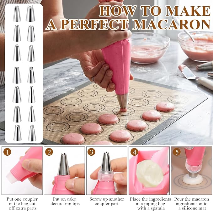 Supkiir 33 Pcs Macaron Silicone Baking Mats Kit, 2 Sheet Nonstick Macaroon Mat Silicone, 2 Piping Pastry Bag, 14 Piping Tip, 2 Coupler, 5 Scraper Set, 1 Egg Beater, 6 Embossing-Molds Macaron