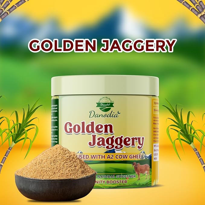Danodia Foods Organic Golden Jaggery with A2 Cow Ghee, Cane Gur, 400g US | Ghee-infused cane gur sweetener for chai, coffee, baking, desserts and Indian recipes; no preservatives used; chai sweetener