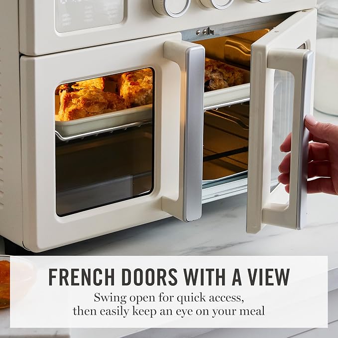 Martha Stewart French Door Air Fryer Toaster Oven Combo, 34QT Countertop Convection, 12-in-1, Bake, Broil, Roast, Fits 12” Pizza, Dehydrate, 5 Accessories, Air Fry Basket, Stainless Steel, Linen Cream