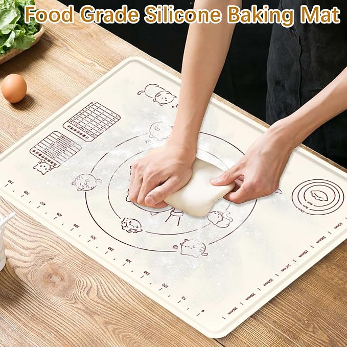 27x19" Silicone Pastry Mat with Cute Cat Design, Non-Slip & Reusable Dough Rolling Mat with Measurements, Extra Large Baking Mat for Kneading Bread, Pizza, Cookies, and More