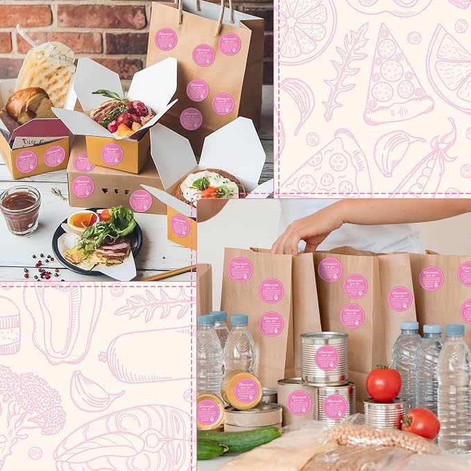 PANTIDE Cottage Food Law Labels Stickers - 500 Count Homemade with Love Adhesive Round Decal Roll, Made in A Home Kitchen Inspection Statement Thermal Printed for Food Packaging (2 x 2 Inch, Pink)