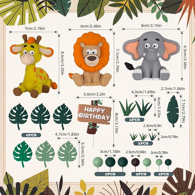 23pcs Safari Animal Cake Topper, Jungle Wild Cake Toppers with Leaves Balls Cake Decorations for Safari Animals Themed Birthday Party Decorations (Jungle Wild Animal Style)
