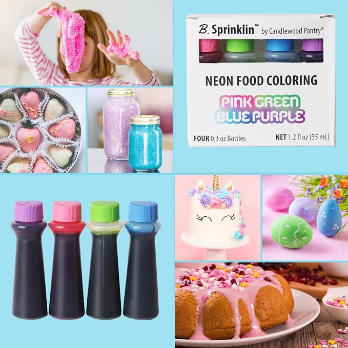 Candlewood Pantry B. Sprinklin Neon Liquid Food Coloring Kit Set of 4 - Pink, Green, Purple, Blue - Vibrant Food Dye for Slime Crafts, Eggs, Frosting and Cake Decorating 0.3 fl oz (Pack of 2)