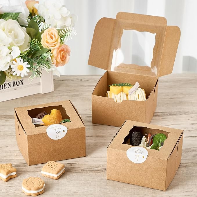 ZORRITA 24pcs Small Cookie Boxes with Window, 4x4x2.5 Inch Kraft Bakery Boxes with Stickers Dessert Treat Containers for Pastry Mini Cake Strawberry Donut Individual Cupcake