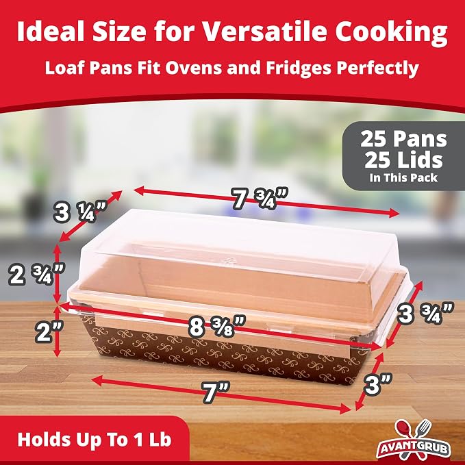 Chef-Grade 1Lb Paper Loaf Pans w/Lids 25 Pk. Elegant Disposable Bakeable Kraft Pan Supplies for Baking Bread, Small Meatloaf, Bundt Cake, Sweets for Holiday Gifts Bake Sales or Fundraiser.
