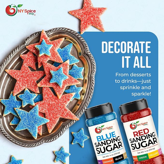 NY Spice Shop 4th Of July Sanding Sugar - Red White & Blue Sweet Colorful Edible Sprinkles - USA Themed Sanding Sugar For Independence Day Baking - Fourth Of July Party Supplies - 4 Ounce (Pack of 3)