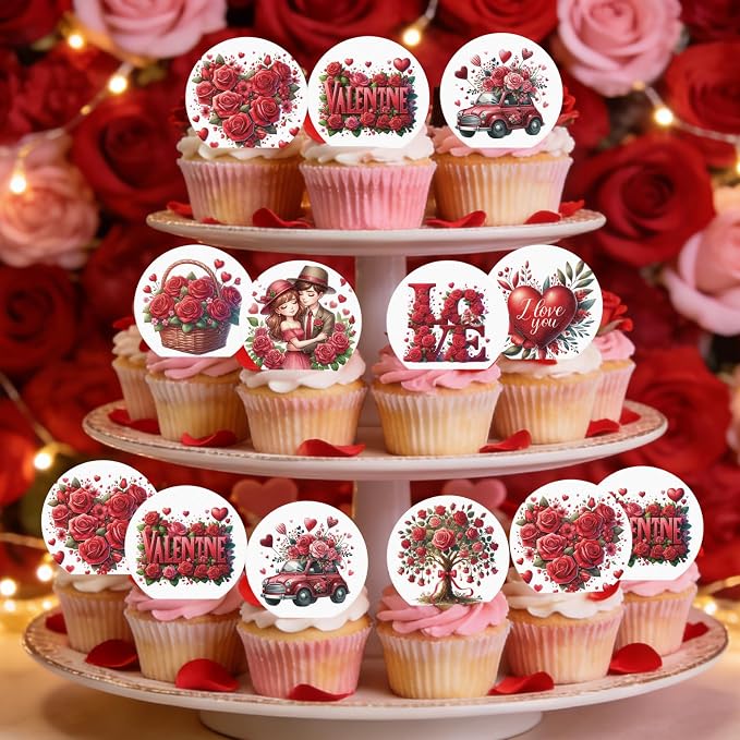 36PCS Edible Valentine’s Day Cupcake Toppers Wafer Paper Sweet Love Be Mine Kiss Me Cupcake Picks Valentine’s Cake Decor for Valentine's Day Theme Wedding Party Supplies