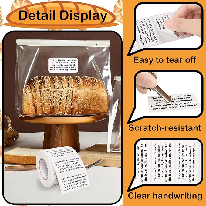 800 Count Cottage Baking Food Law Labels Stickers，Homemade Stickers for Baked Goods Ingredients, Home Kitchen Inspection Statement Thermal Printed Labels