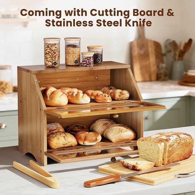 MAISONPEX Double Layer Bamboo Bread Box for Kitchen Countertop, Large Capacity, Cutting Board, Stainless Steel Bread Knife, Double Layer Storage Container with Clear Windows, Walnut