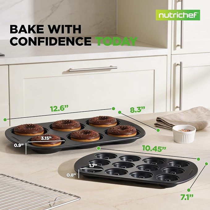 NutriChef Variety 2 Pack Full & Mini Donut Pan for Baking | One 12-Cavity Mini Donut Pan & One 6-Cavity Full Size Donut Pan for Baking | Carbon Steel Bagel Molds | Oven Safe Up To 450°F | Black