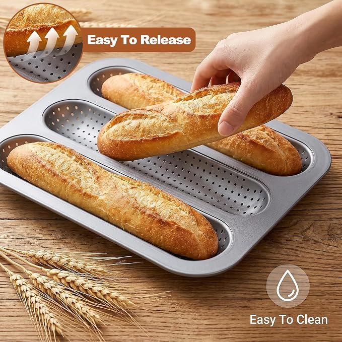 ZOOFOX 2 Pack Nonstick Perforated Baguette Pan, 3-Slot French Bread Baking Pan, Carbon Steel Baguette Tray for Professional and Home Baker, Sourdough, Italian Bread Baking