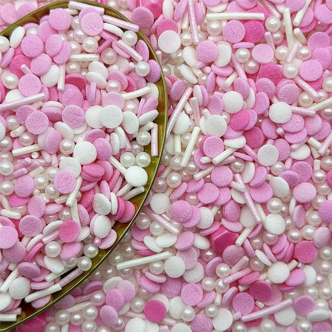 CandiJumpin Pink and White Pearl Sprinkles, Edible Pearls and Jimmies Mix Pink White Confetti Sprinkles Crunchy Jimmies Edible Pearls for Cake Decorating Valentines Decoration for Baking Baby Shower Party Birthday Wedding Christmas Supplies 3 OZ