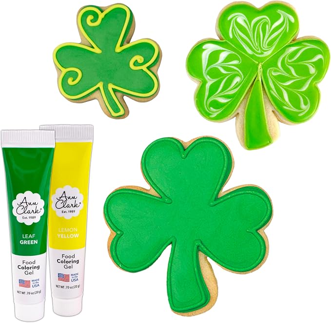 Shamrock Cookie Cutters and Decorating 5-Pc. Set Made in USA by Ann Clark, 2.5", 3.25", 3.75", Yellow & Leaf Green Food Coloring Gel