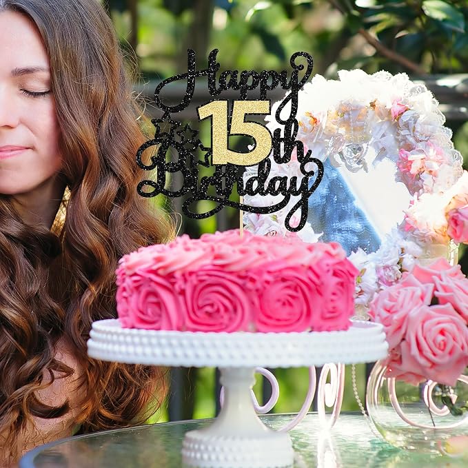 1Pc Happy 15th Birthday Cake Topper Black Gold Glitter Cheers to 15 Years Birthday Cake Pick 15 Fabulous Cake Decoration for Happy 15th Birthday Anniversary Party Cake Decorations Supplies