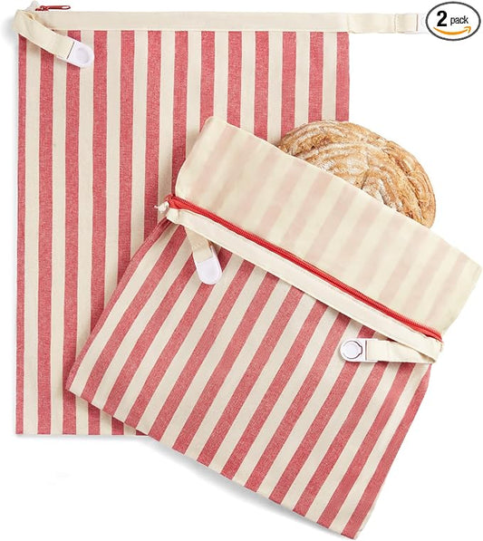 BRONYPRO Reusable Beeswax and Linen Bread Bags with Zipper, 2-Pack Waxed Bread Bags for Homemade Bread & Sourdough, Sustainable Loaf Storage to Lock in Freshness, Large 17x12.6in, Red Stripe