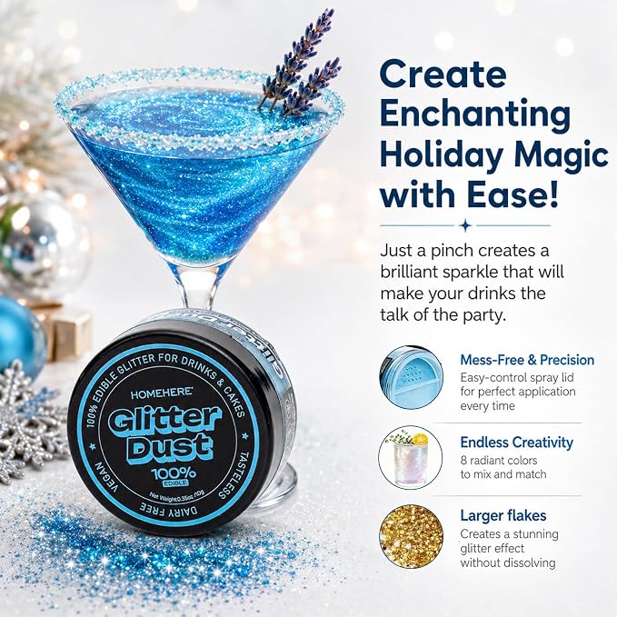 HomeHere Edible Glitter for Drinks & Cakes, 10g Food Grade Disco Diamond Glimmer Dust, Sparkle Powder for Cocktails, Chocolate, Baking Decorations, Vegan& Tasteless (Bule)