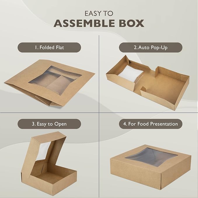 Fit Meal Prep 25 Pack 9 x 9 x 2.5 Inches Pie Boxes with Window, Square Kraft Pastry Boxes, Auto Pop-up Brown Boxes for Cookies, Cakes, Muffins, Dessert