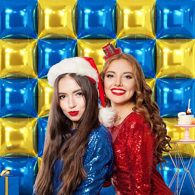 NISOCY 25PCS Blue Gold Square Foil Balloons Wall Backdrop Double Sided Deep Blue Gold Balloons Arch Kit for Birthday Graduation Baby Shower Wedding Anniversary Party Decorations