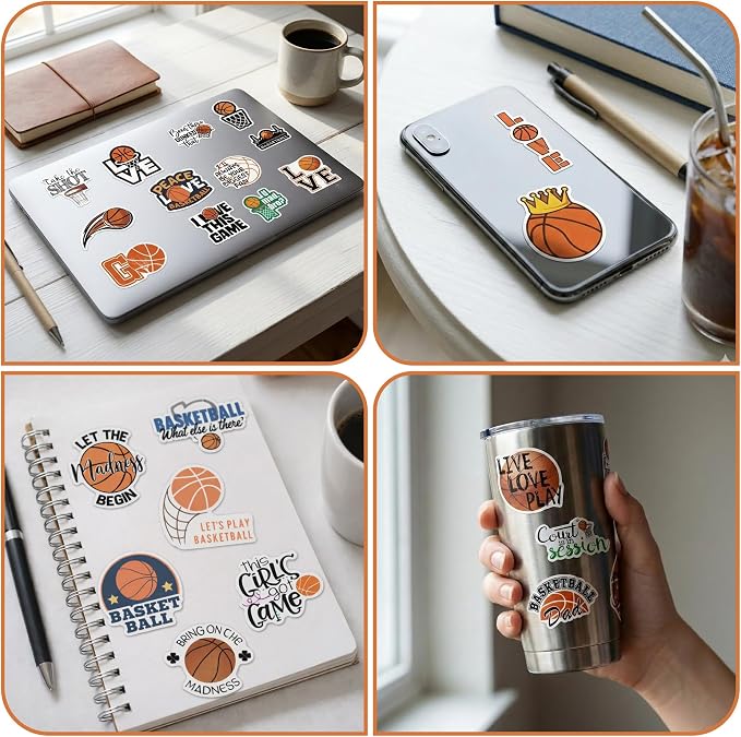 50 Pcs Basketball Stickers for Scrapbooking, Waterproof Vinyl Sports Stickers for Laptops Water Bottles Journals, Cool Basketball Quotes Hoop Decals for Boys Kids