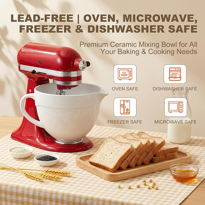 5 QT Ceramic Mixer Bowl Compatible with KitchenAid Tilt-Head Stand Mixers 4.5-5 Quart, Food-Grade Polished Mixing Bowl with Anti-slip Handle & Secure Locking Clasp, Microwave & Oven Safe
